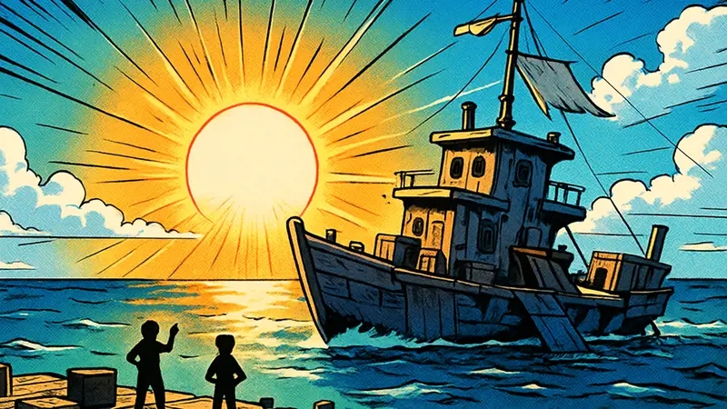 Скриншот из игры SHIPSHAPE с восходом солнца и увеличенным дневным временем.