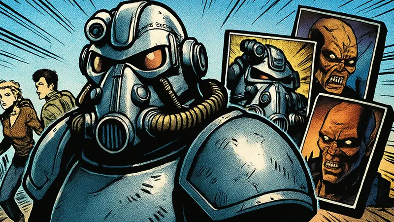 Логотип Fallout, кадр из сериала Fallout, обложки старых игр Fallout