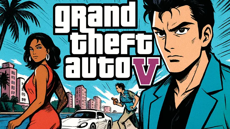 Обложка GTA 6 с логотипом и фоном, на котором изображён Вайс-Сити и персонажи