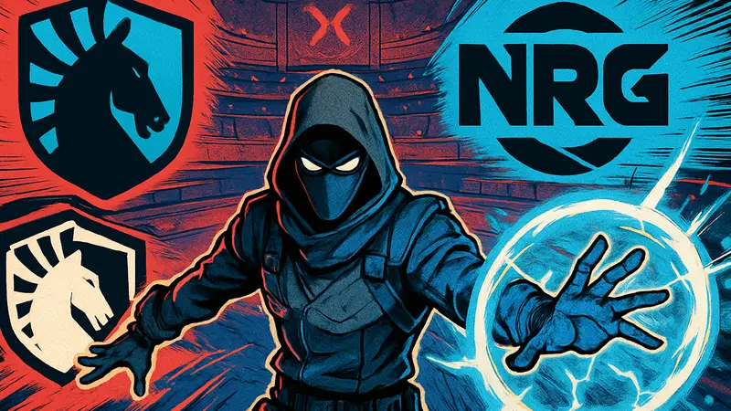 Логотипы команд Team Liquid и NRG на фоне VALORANT Masters Santiago.