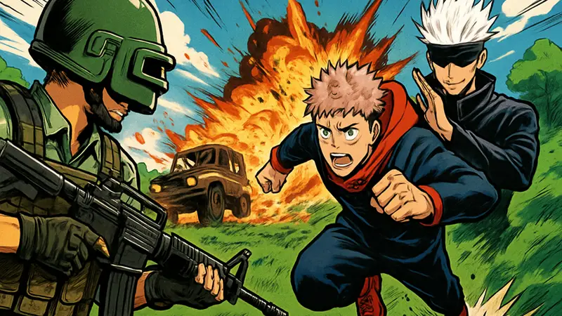 Скриншот PUBG Mobile с персонажами Jujutsu Kaisen: Юдзи Итадори и Годжо Сатору в стиле игры. Новое обновление 4.3.