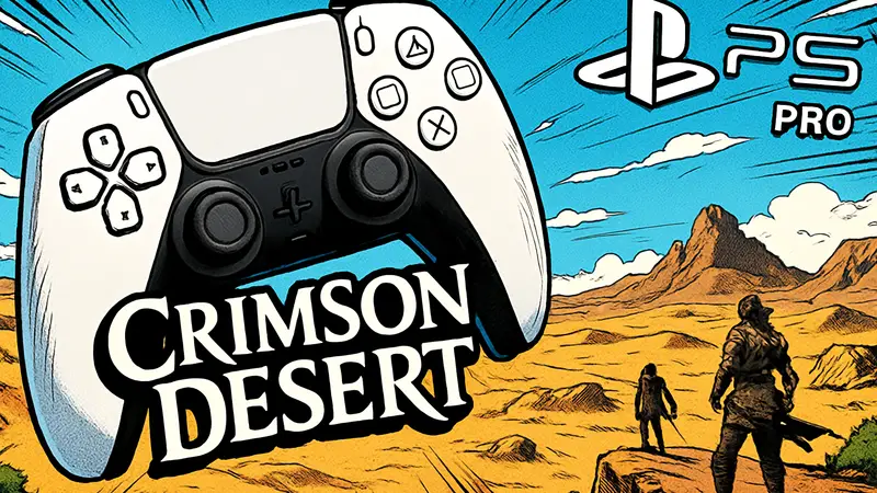 Crimson Desert: логотип игры на фоне пустынных пейзажей и символика PS5 Pro