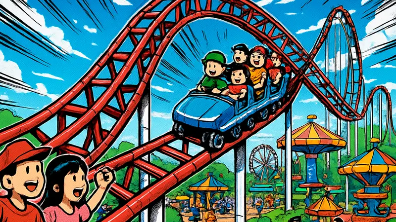 Обложка игры Parkitect с изображением американских горок и аттракционов в парке развлечений.