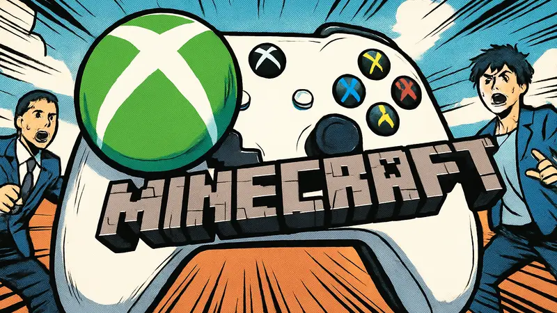 Логотипы Xbox и Minecraft на фоне игрового контроллера, символизирующие упущенные возможности и стратегию Microsoft.