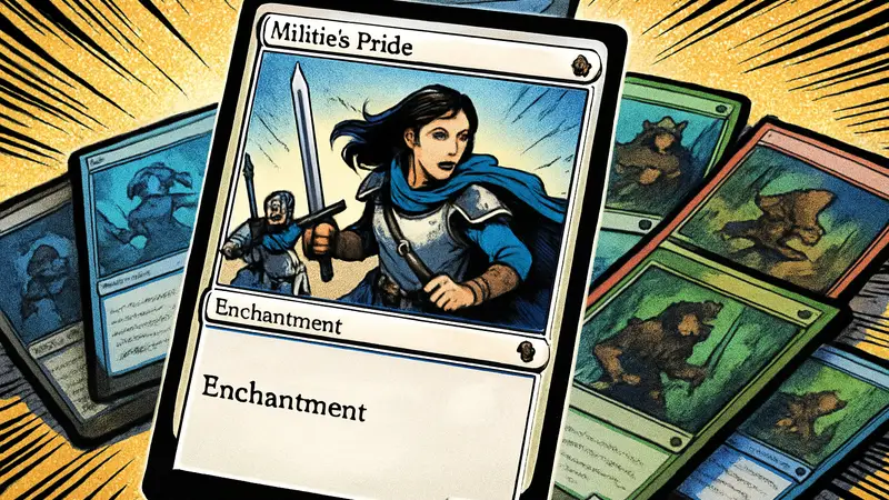 Карта Magic: The Gathering Militia's Pride с её изображением и характеристиками, на фоне других карт MTG.