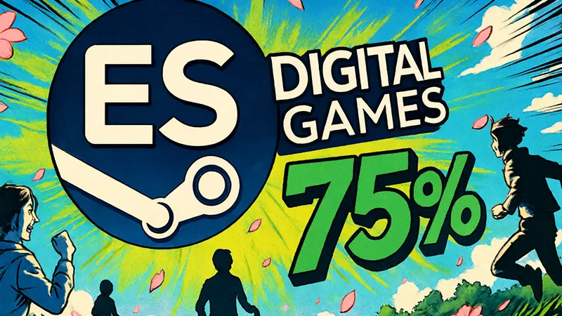 Логотип ESDigital Games на фоне Steam, анонсирующий весеннюю распродажу 2026 со скидками до 75%.