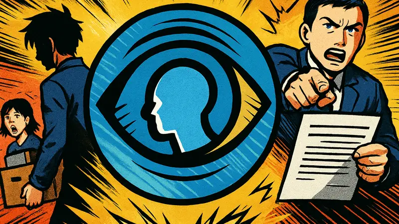 Логотип студии MindsEye на фоне уведомления об увольнениях и обвинений в саботаже.