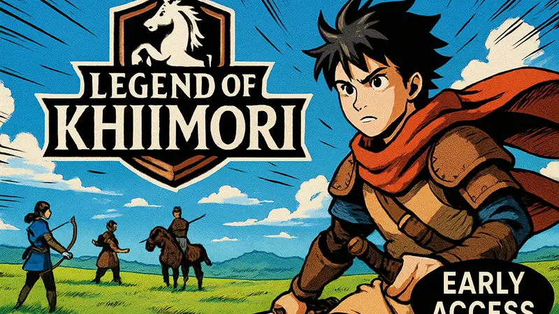 Скриншот из The Legend of Khiimori, герои на фоне бескрайних степей, логотип игры и надпись 'ранний доступ Steam'.