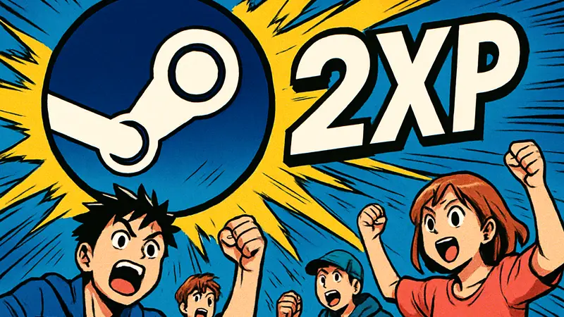 Логотип Steam с надписью 'Двойной опыт' или '2XP', анонсирующий буст на выходных марта.
