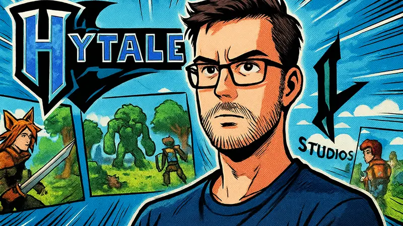 Основатель Hytale Саймон Коллинз-Лафламм на фоне логотипа Hypixel Studios и концепт-артов игры.