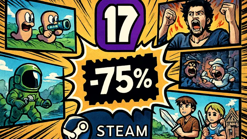 Логотип Team17, баннер 'Mad March Savings' в Steam, скриншоты игр со скидками