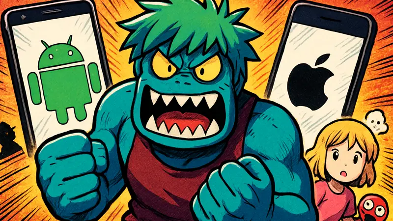 Главный герой Meg's Monster на фоне мобильных устройств iOS и Android