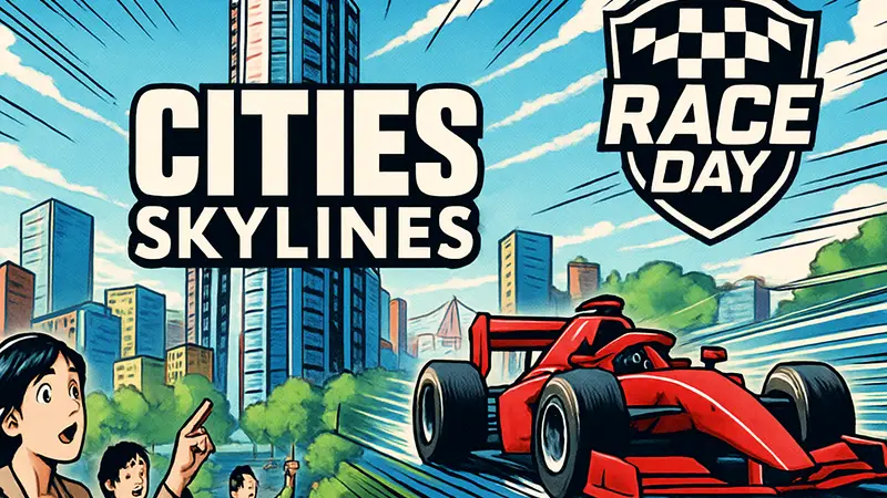 Градостроительный симулятор Cities: Skylines II и логотип обновления Race Day с новыми элементами