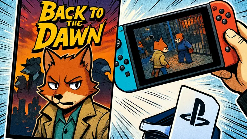 Обложка игры Back to the Dawn, скриншот геймплея на Nintendo Switch и логотип PS5