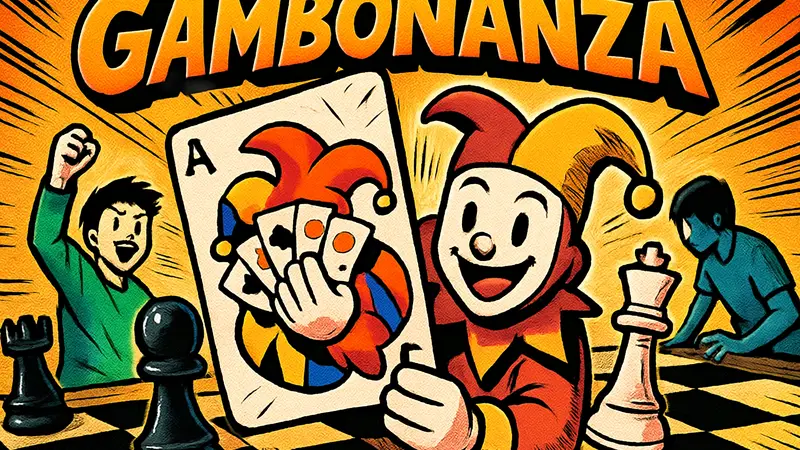 Постер игры Gambonanza, демонстрирующий сочетание элементов Balatro и шахмат, с датой релиза 1 мая на Steam