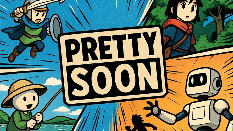 Обложка распродажи Pretty Soon на Steam с логотипом издателя и подборкой инди-игр от маленьких команд.