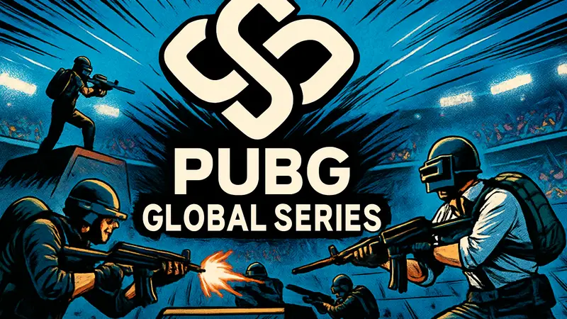 Логотип PUBG Global Series, команды PUBG сражаются на киберспортивной арене.