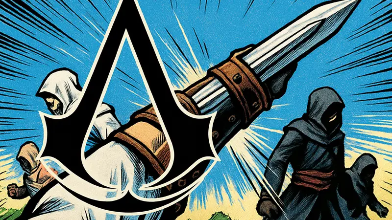 Логотип Assassin's Creed на фоне скрытого клинка из игры