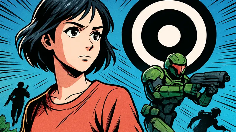 Художница Ферн Хук и логотип игры Marathon от Bungie