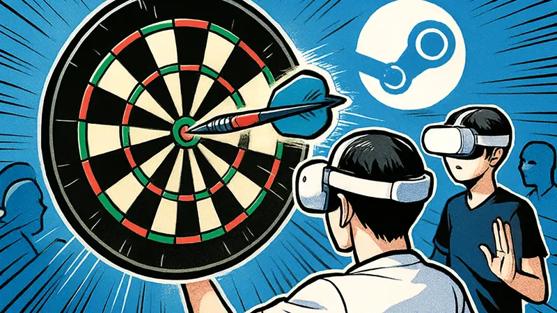 Изображение Darts VR2: Bullseye, показывающее дартс в виртуальной реальности, на фоне Steam