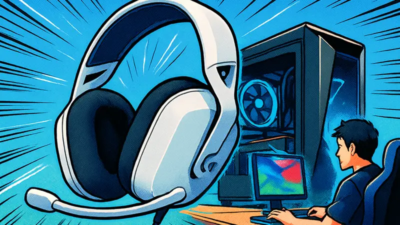 Игровая гарнитура Logitech G325 Lightspeed на фоне игрового компьютера, демонстрирующая лёгкий дизайн.