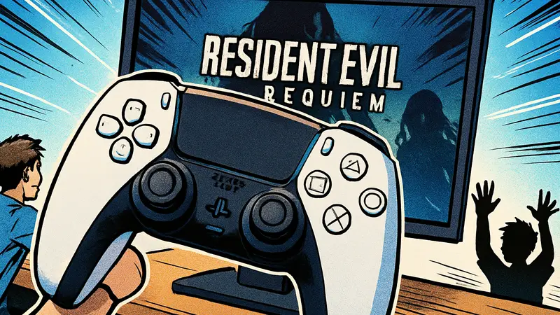 Игровой контроллер DualSense с логотипом Resident Evil Requiem на экране монитора ПК
