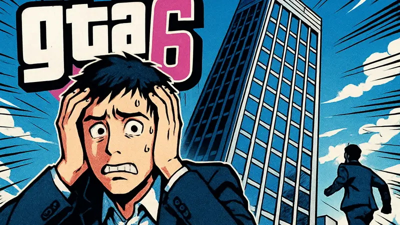 Логотип GTA 6 и тревожный разработчик на фоне высокого здания