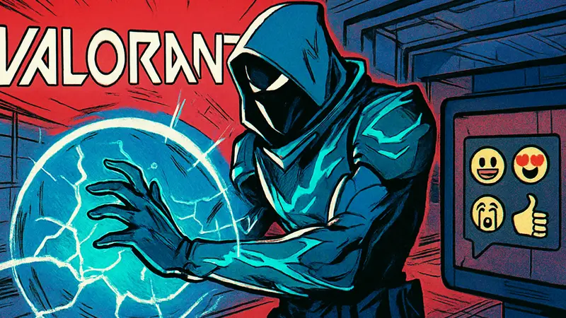 Логотип Valorant на фоне экрана с чатом, где видны эмодзи. Поддержка эмодзи Valorant.