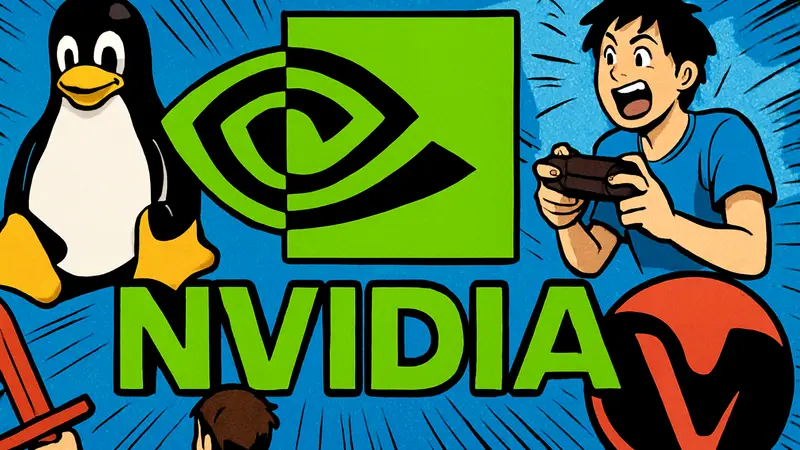 Логотип NVIDIA на фоне операционной системы Linux с игровыми элементами