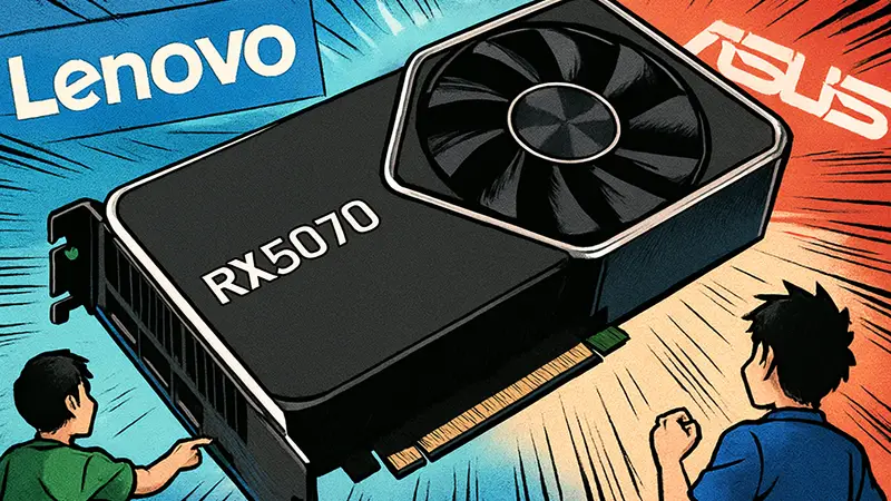 Изображение мобильной видеокарты NVIDIA RTX 5070 с логотипами Lenovo и Asus на заднем плане.