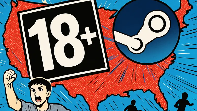 Изображение значка возрастного ограничения ESRB на фоне карты США и логотипа Steam.
