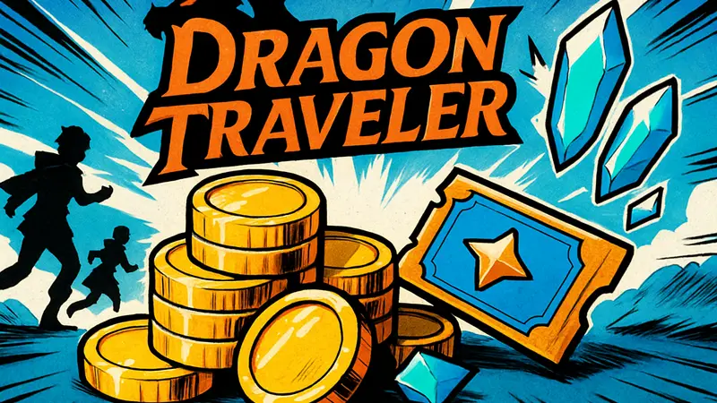 Изображение с логотипом Dragon Traveler и иконками золота, билетов призыва, Luminary Shards в игре
