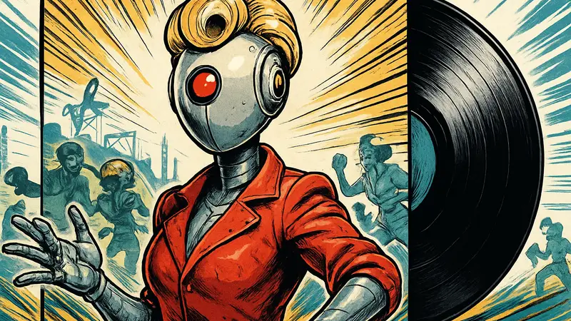 Обложка виниловой пластинки с саундтреком Atomic Heart, оформленная в стилистике игры