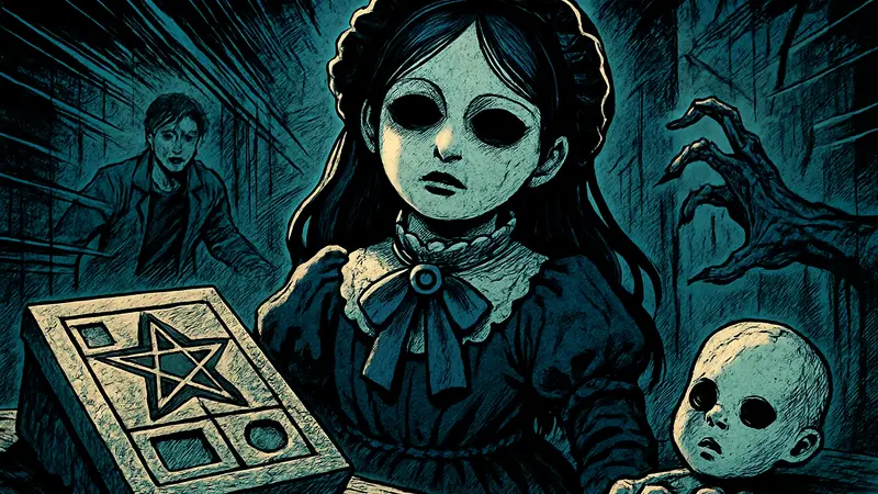 Загадочная кукла и элементы головоломки из Resident Evil Requiem в мрачной атмосфере хоррор-игры.