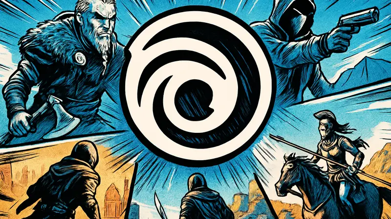 Логотип Ubisoft на фоне скриншотов из их известных игр