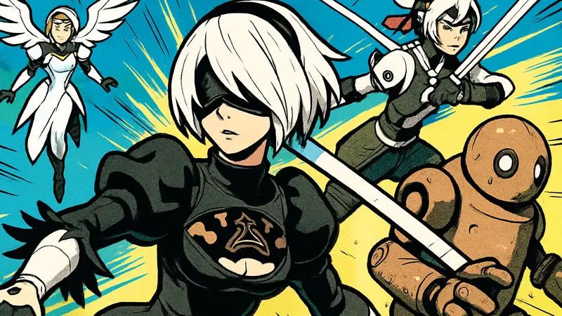 Изображение героев Overwatch с новыми скинами в стиле Nier: Automata, преображенных в андроидов и машинные формы.