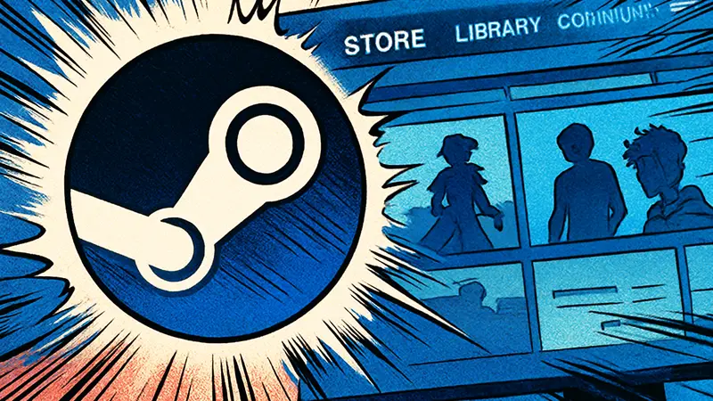 Логотип Steam на фоне интерфейса клиента. Обновление бета-версии Steam.