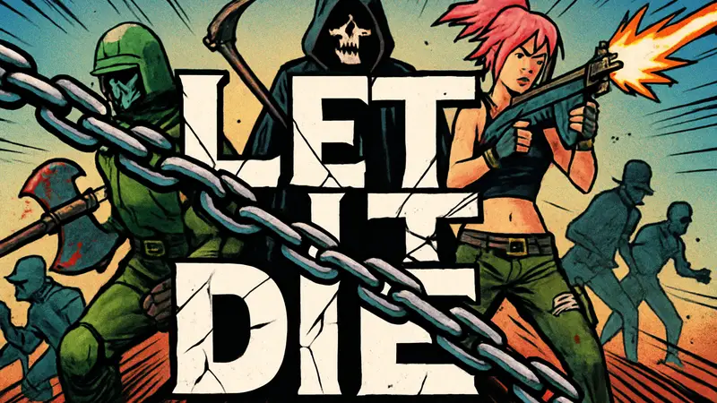 Логотип Let It Die на фоне игровых персонажей, символизирующий закрытие серверов.