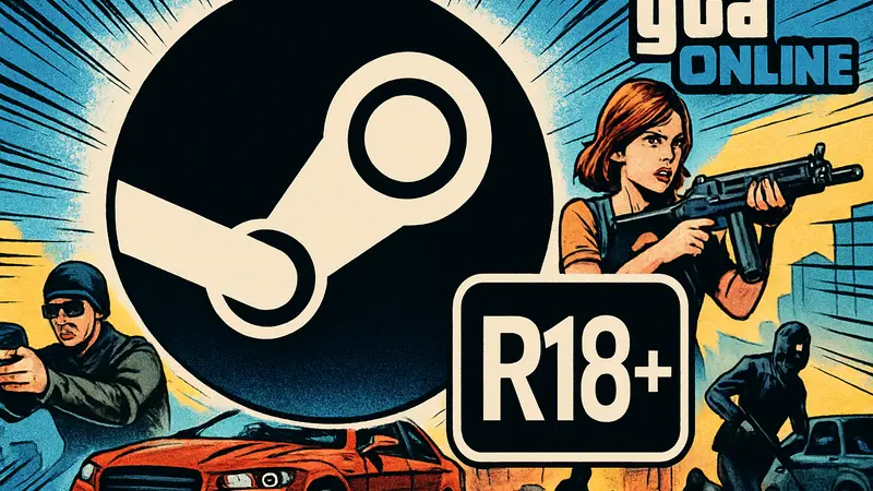 Логотип Steam на фоне интерфейса игры GTA Online, с пометкой возрастного ограничения R18+