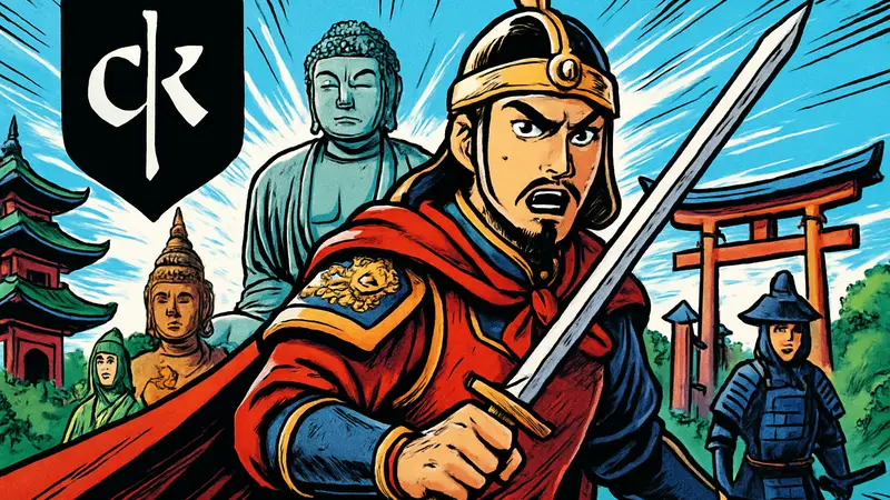 Обложка новых Creator Pack для Crusader Kings III с изображением азиатских монументов и персонажей.