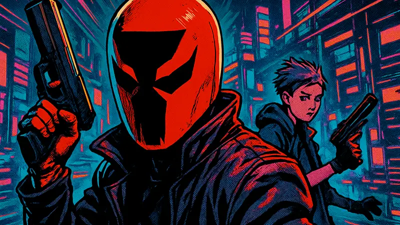 Промо-арт киберпанк экшен-РПГ RUINER 2: персонажи в неоновом городе, намекающие на кооператив.