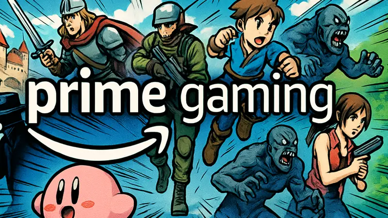 Логотип Prime Gaming и коллекция бесплатных игр. Amazon Prime Gaming Free Games.