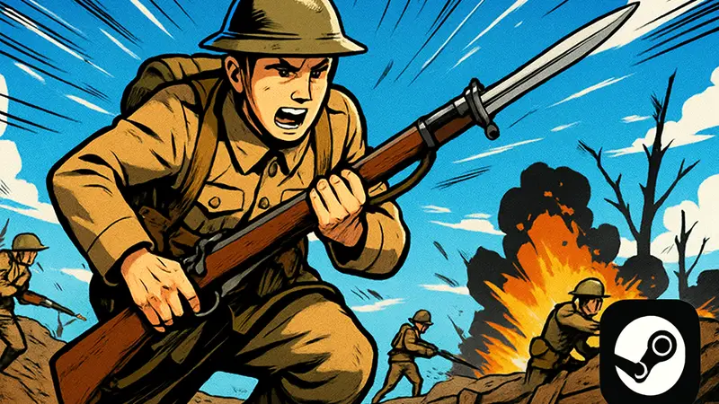 Обложка игры Over The Top: WWI с солдатами времён Первой мировой войны и логотипом игры, доступной в Steam.
