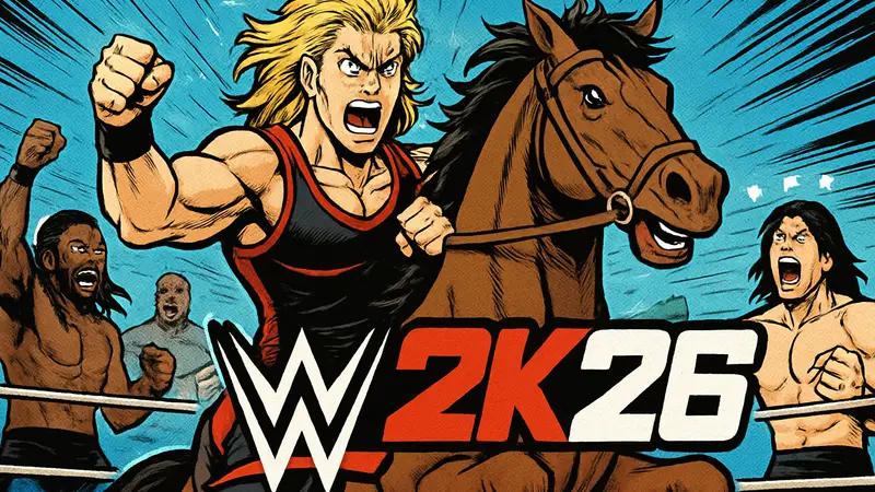 Обзор игры WWE 2K26: обложка с рестлерами и логотипом игры на фоне ринга
