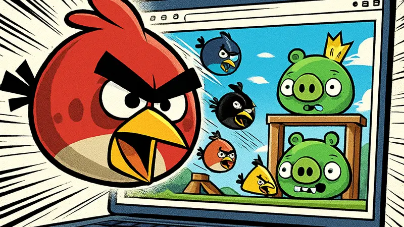Злые птички из Angry Birds Friends на фоне веб-браузера, атакующие свиней.
