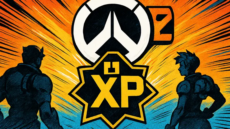 Логотип Overwatch 2 на фоне значка «Двойной опыт» (Double XP) и даты «Март» в игровом стиле.