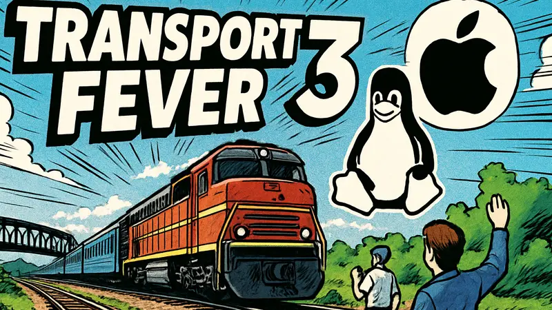 Логотип Transport Fever 3 на фоне железнодорожного пейзажа, с иконками Linux и macOS, анонсирующий поддержку этих платформ.