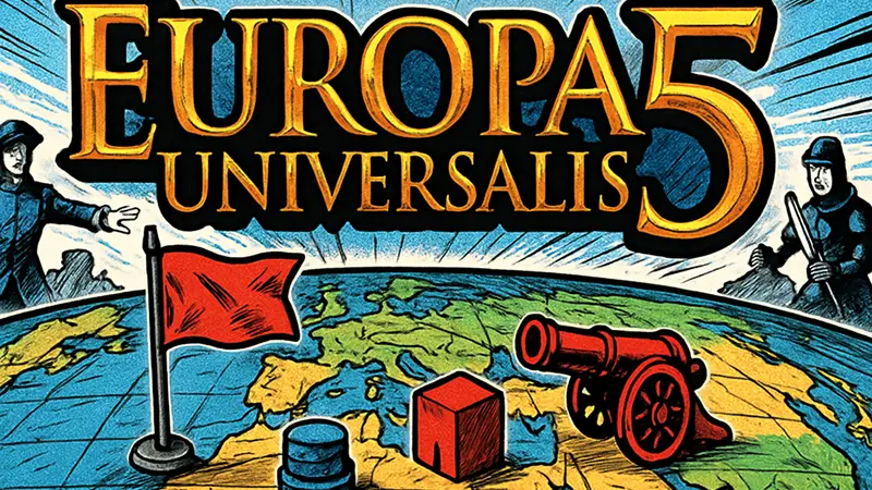 Логотип Europa Universalis 5, изображение карты мира и стратегических элементов, символизирующих сложность и вызовы игры.