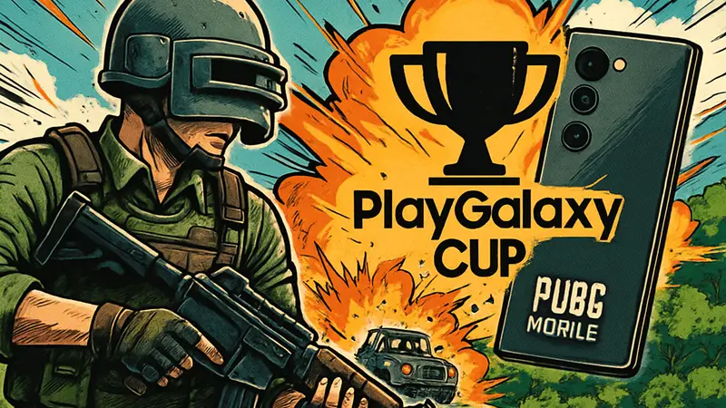 Логотип PlayGalaxy Cup на фоне PUBG Mobile и нового смартфона Samsung Galaxy S26 Ultra