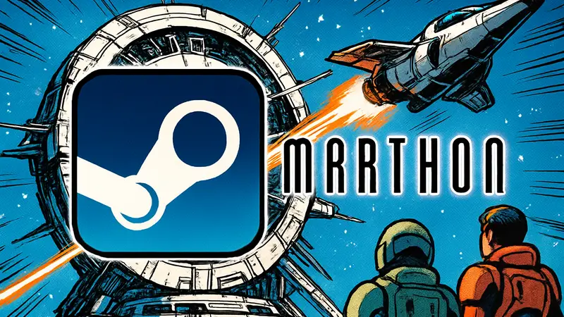 Логотип игры Marathon на Steam на фоне космической станции с кораблем, обновление игры
